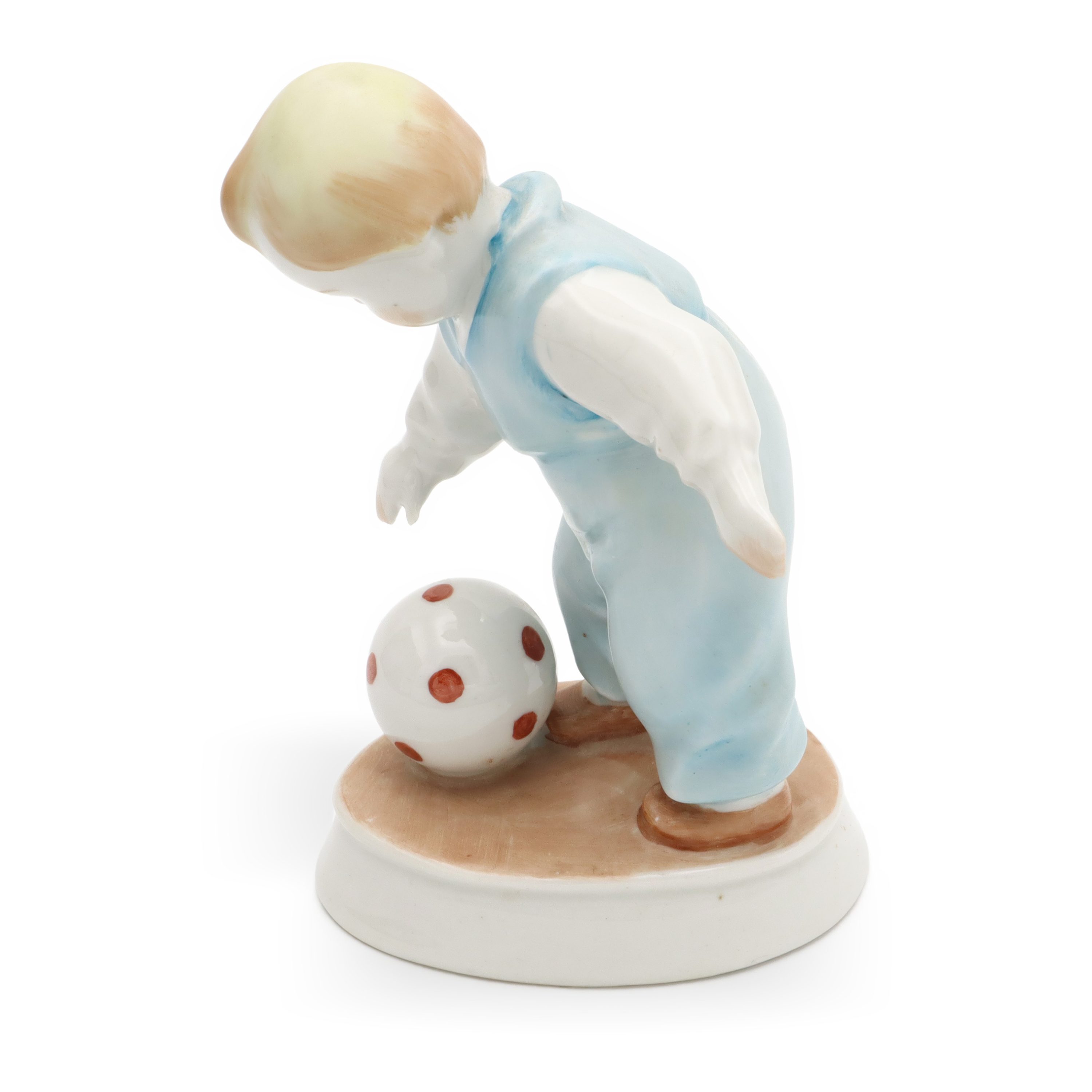 Vintage Zsolnay Porzellanfigurine, Kleines Kind Mit Fußball Von Andras Sinko, Selten Handbemalt 1960er Jahre Ungarn Handbemalt, Keramiksammelskulptur